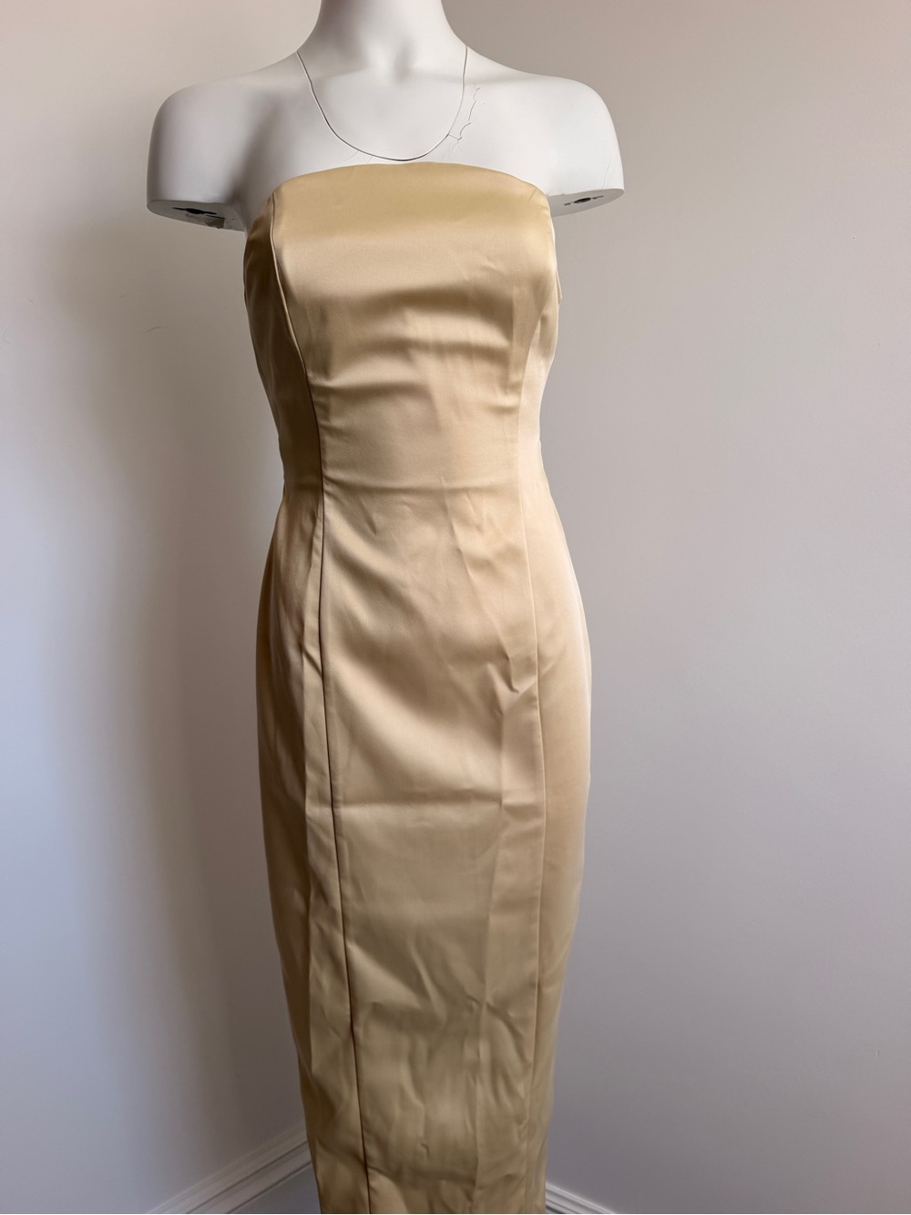 Zara Strapless Satin Midi Dress in Beige